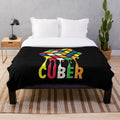 Plush blanket with a Rubik's cube-inspired colorful geometric pattern
