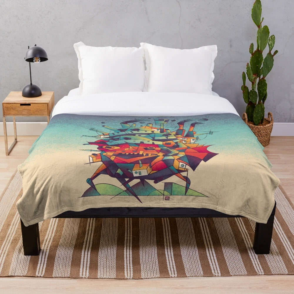 Cubist-style moving castle plush blanket with anime and fantasy design
