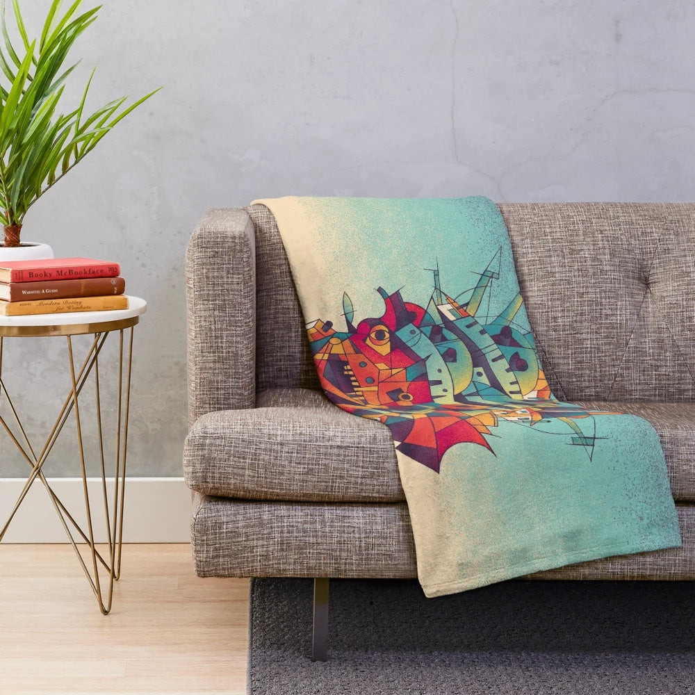 Cubist-style moving castle plush blanket with anime and fantasy design