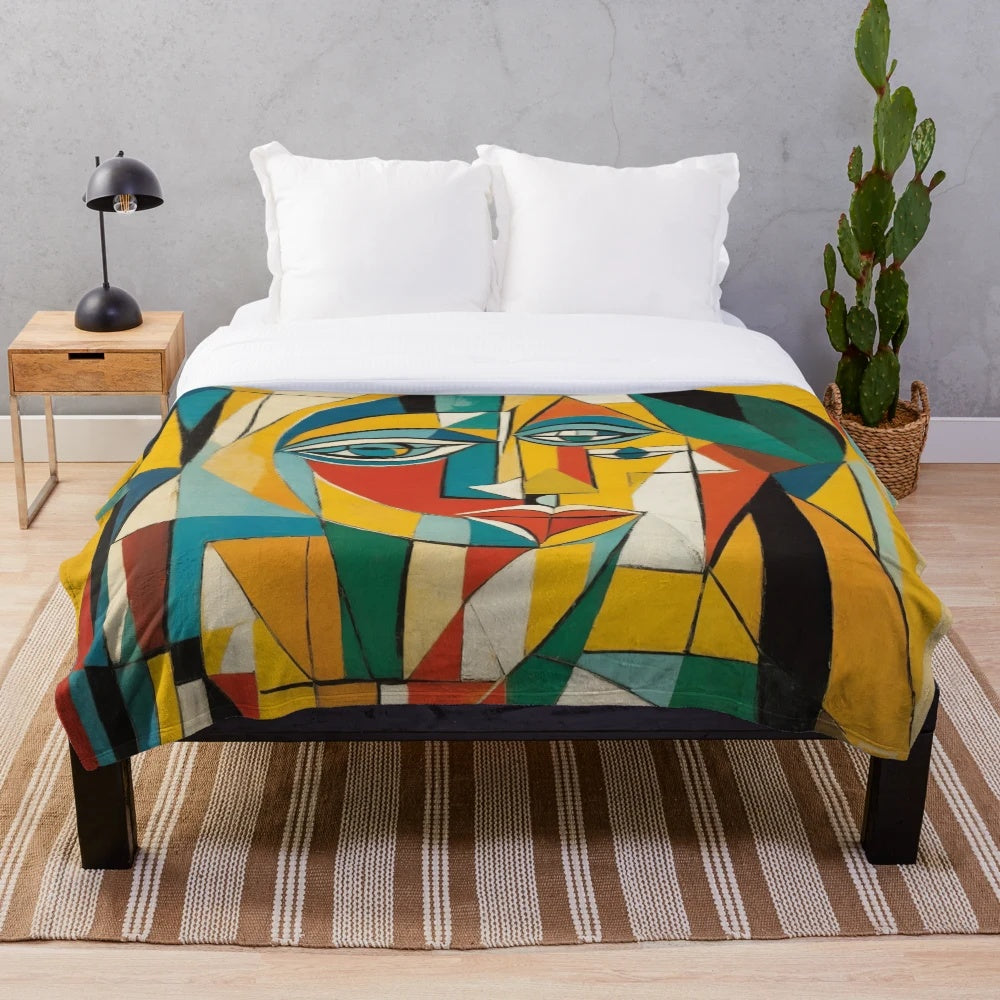 Cubist-inspired plush blanket with abstract art design