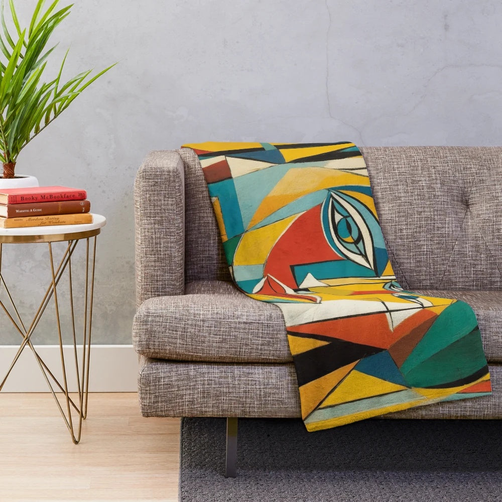 Cubist-inspired plush blanket with abstract art design