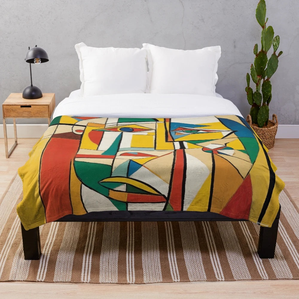 Plush blanket with cubist art design inspired by Picasso