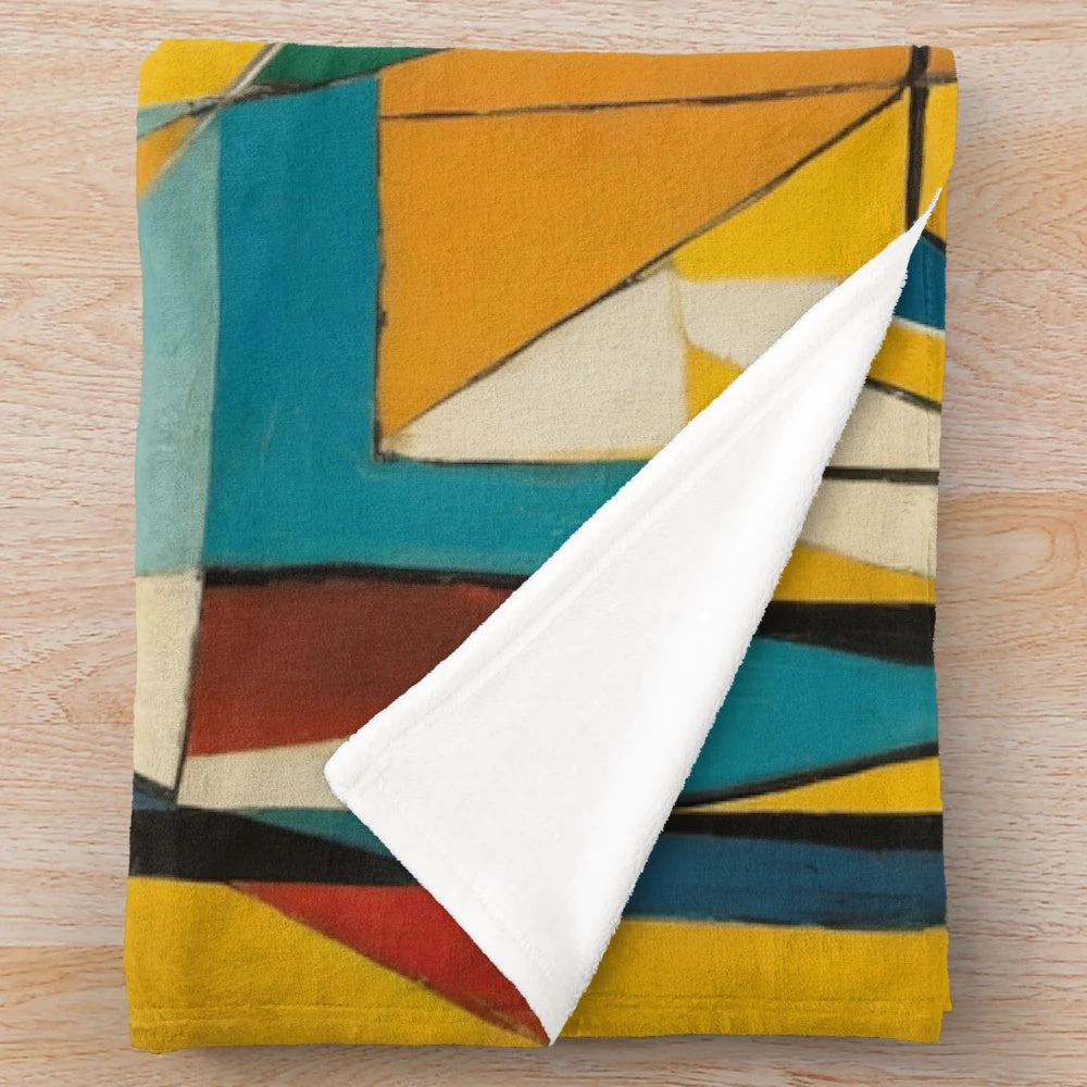 Cubist-inspired plush blanket with abstract art design