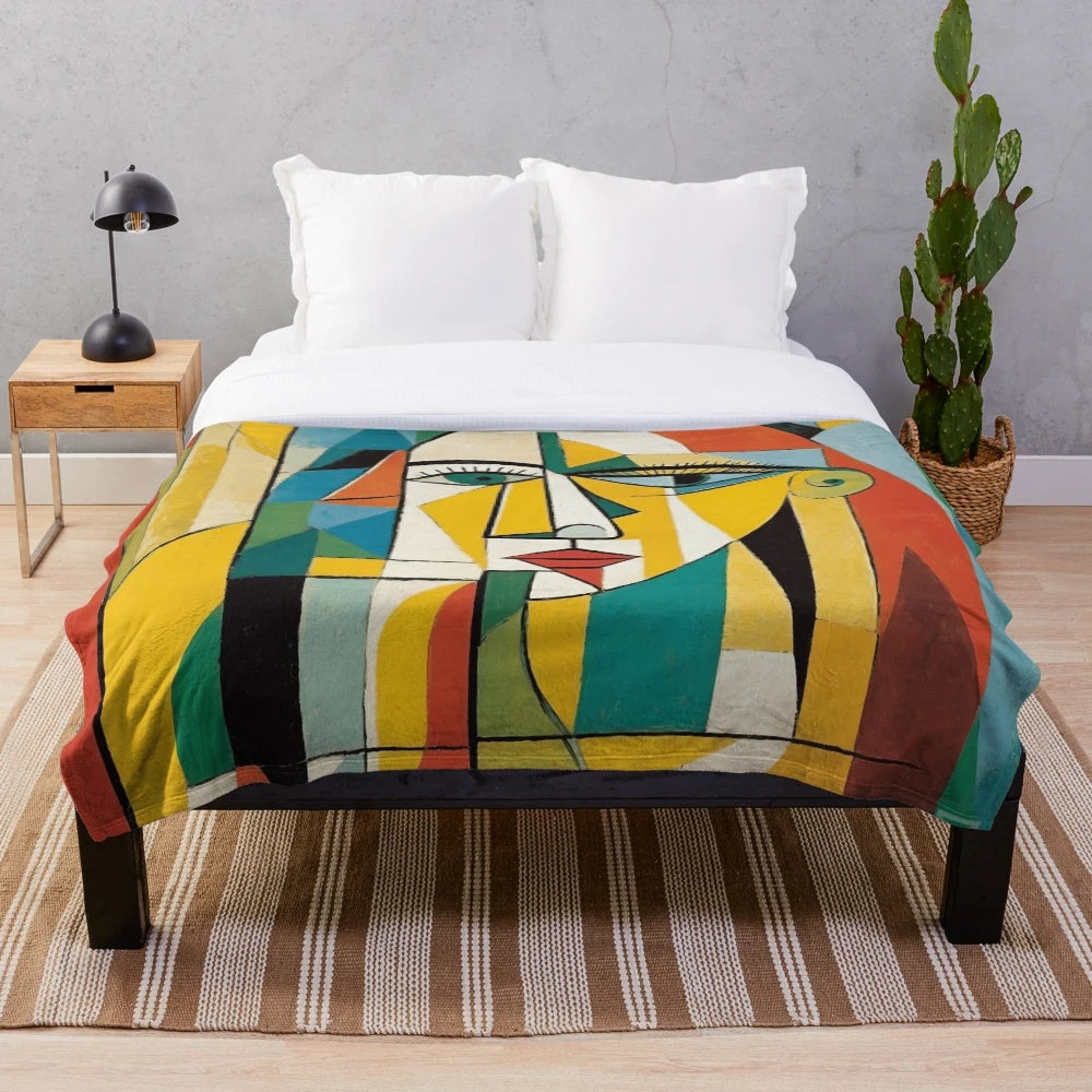 Colorful cubist-inspired plush blanket with abstract design