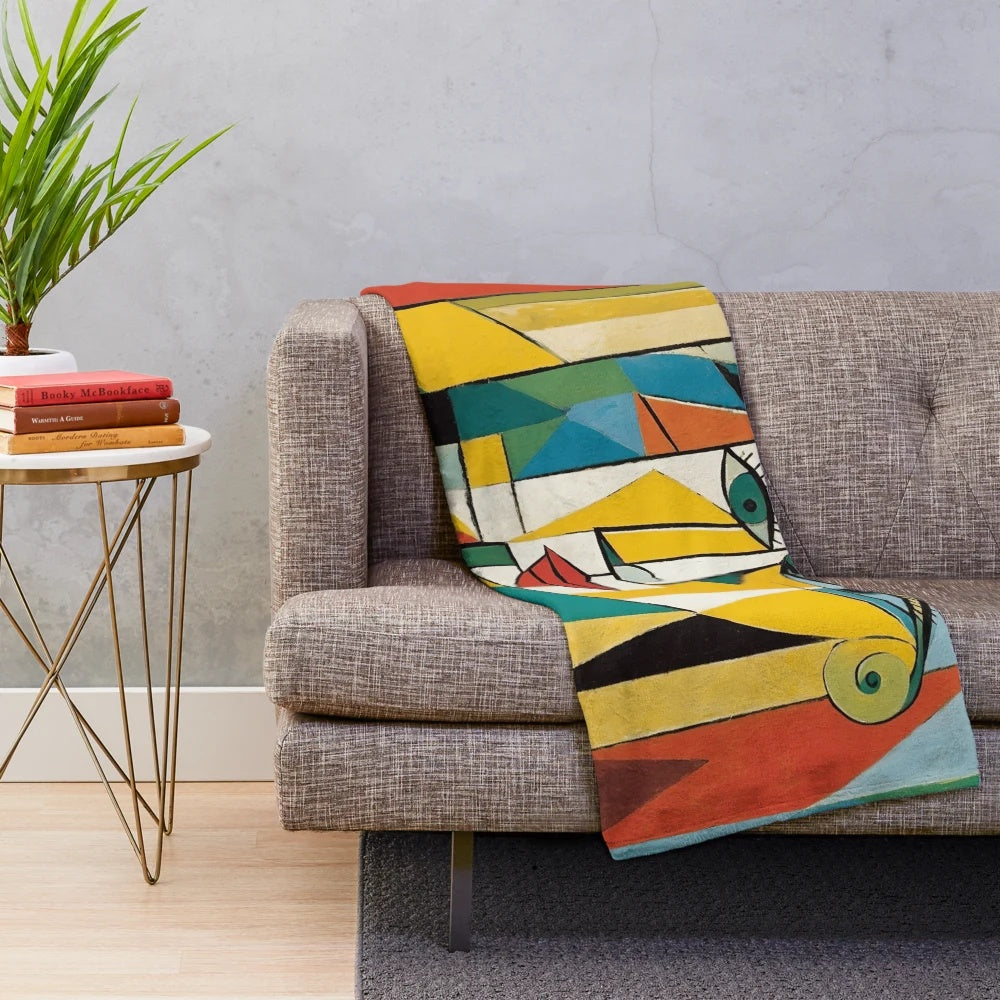 Colorful cubist-inspired plush blanket with abstract design
