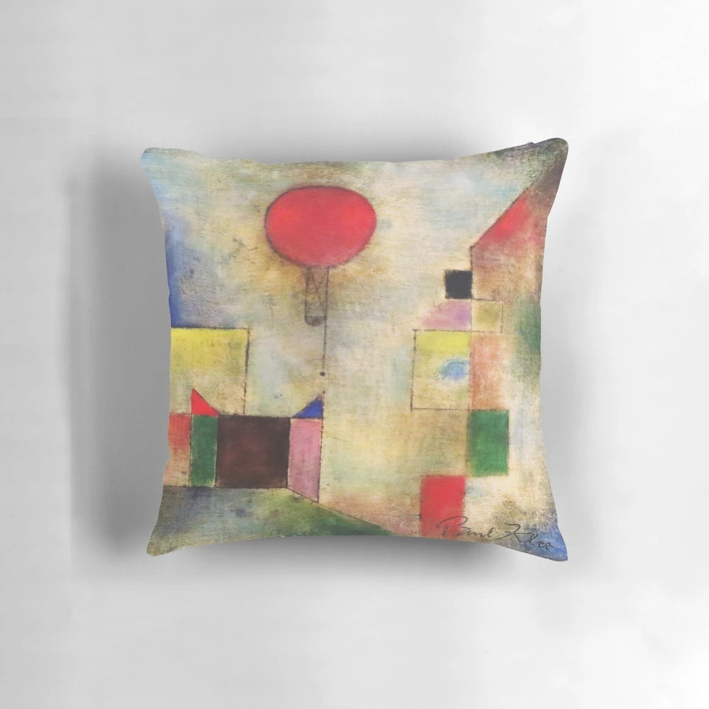 Cubist-style "Red Balloon" throw pillow featuring the art of Paul Klee