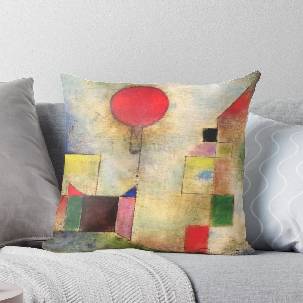 Cubist-style "Red Balloon" throw pillow featuring the art of Paul Klee