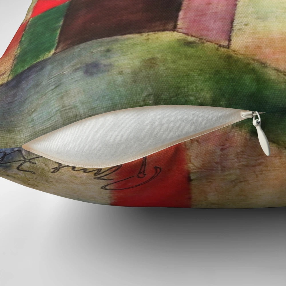 Cubist-style "Red Balloon" throw pillow featuring the art of Paul Klee