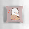 Dudu Bear and Bubu Panda, a cute cartoon couple, snuggling together on a soft, plush pillow
