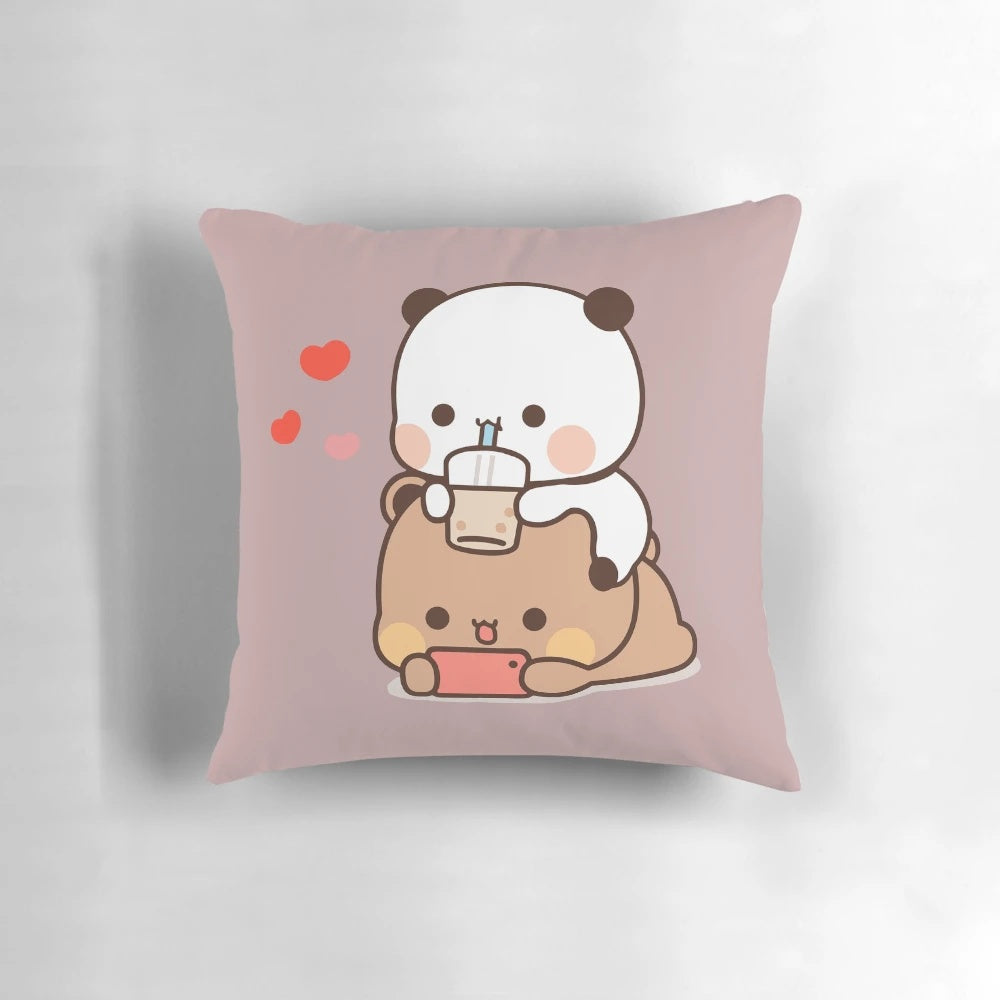 Dudu Bear and Bubu Panda, a cute cartoon couple, snuggling together on a soft, plush pillow
