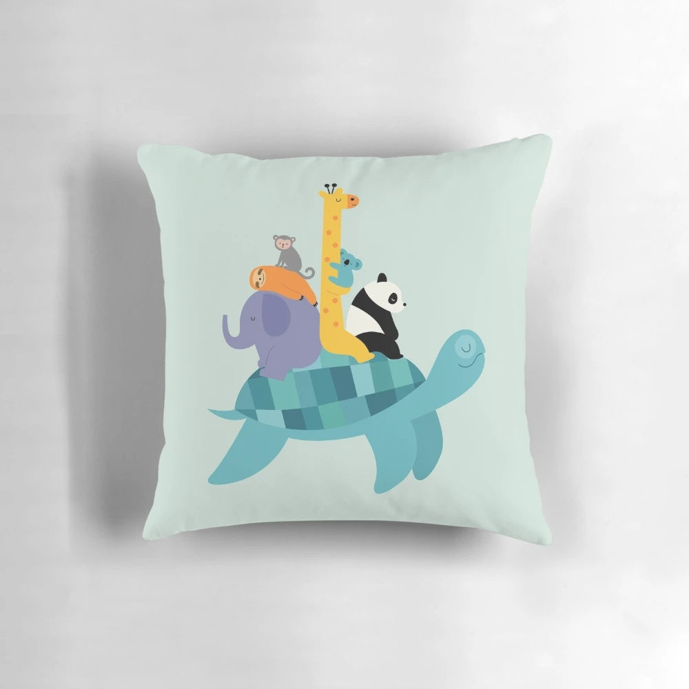 Vibrant travel pillow featuring adorable giraffe, elephant, sloth, monkey, koala, and panda designs