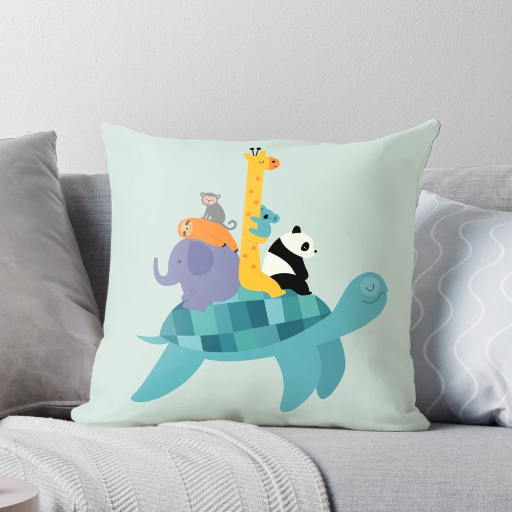 Vibrant travel pillow featuring adorable giraffe, elephant, sloth, monkey, koala, and panda designs