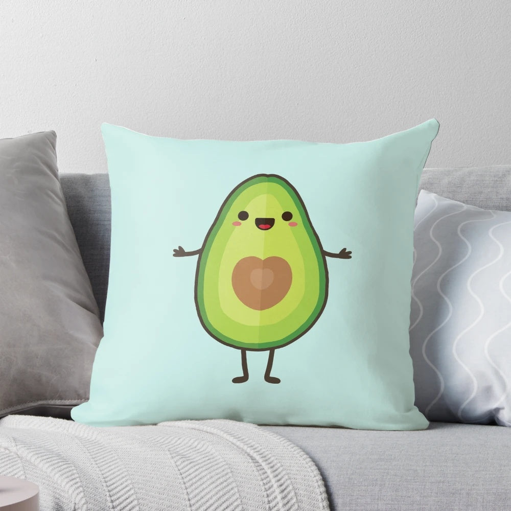 A plush, green avocado-shaped pillow with a cute, smiling face