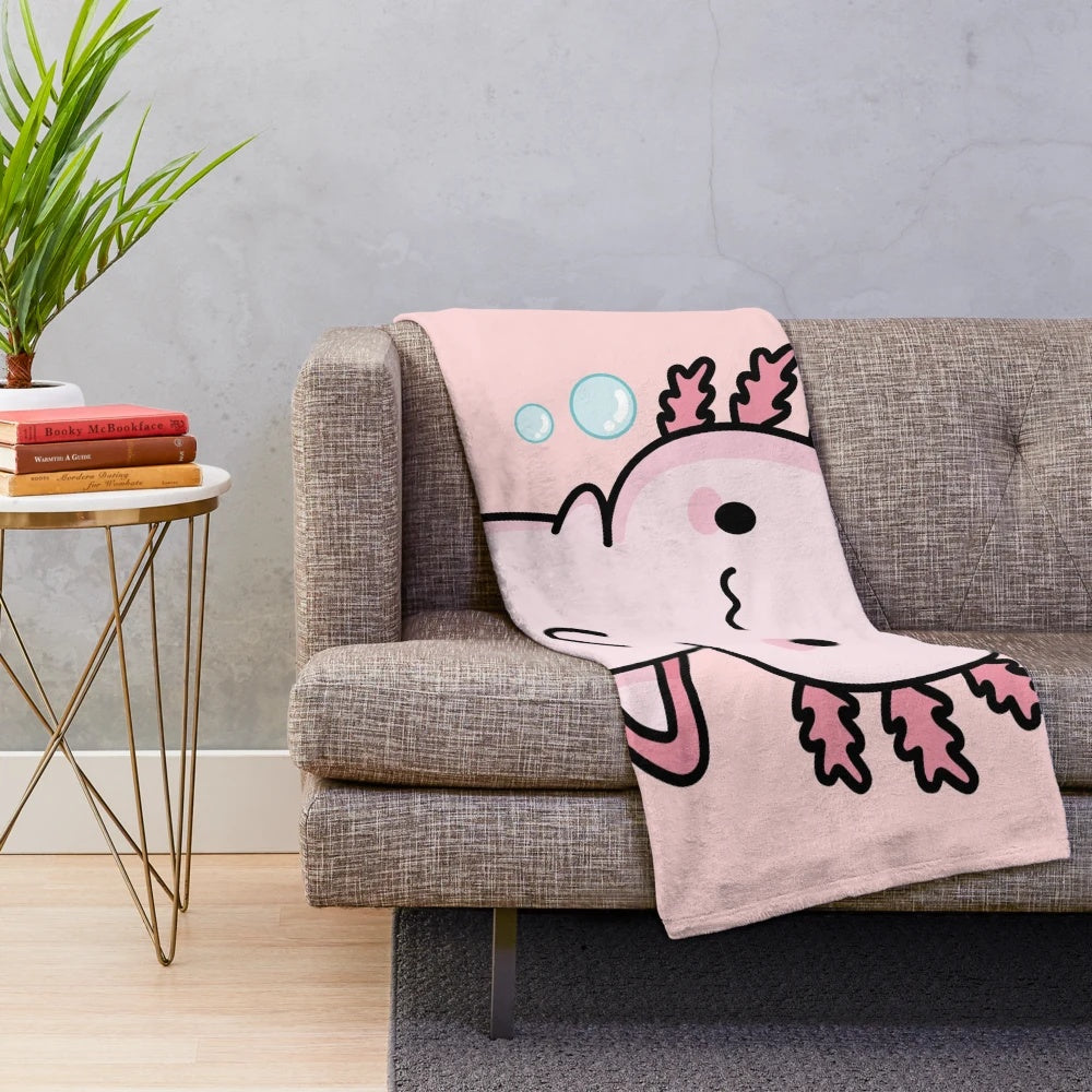 Soft and cute axolotl plush blanket with a pink doodle design