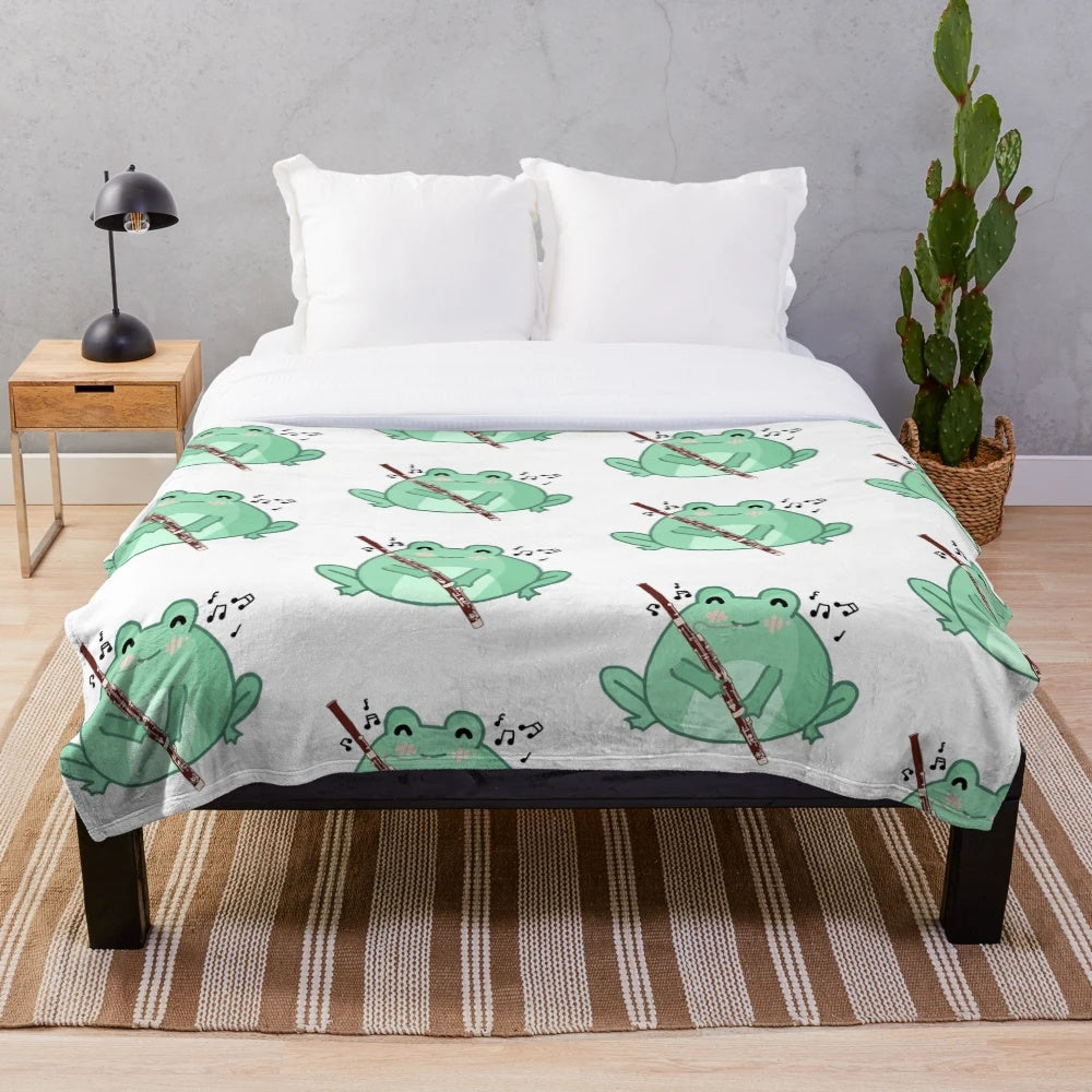 Cozy plush blanket featuring a cute frog playing the bassoon musical instrument