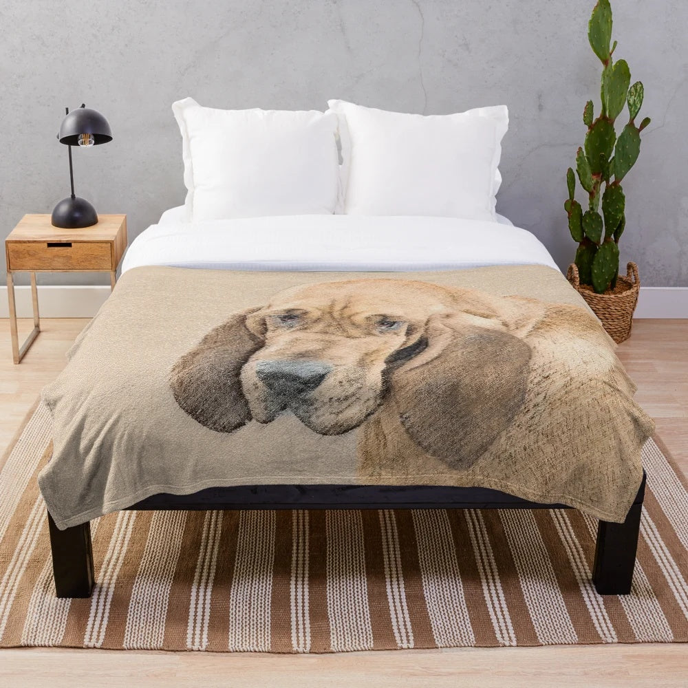 Cozy bloodhound plush blanket with the breed's distinctive red and black tan markings