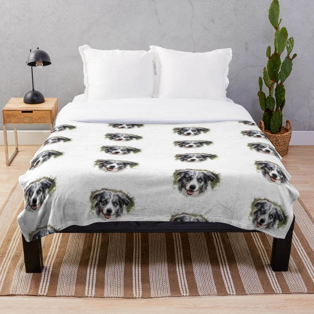 Soft and cozy blue merle border collie plush blanket