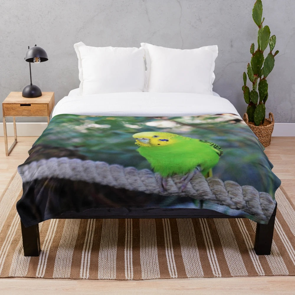 Soft, plush budgie-themed blanket in yellow and green colors
