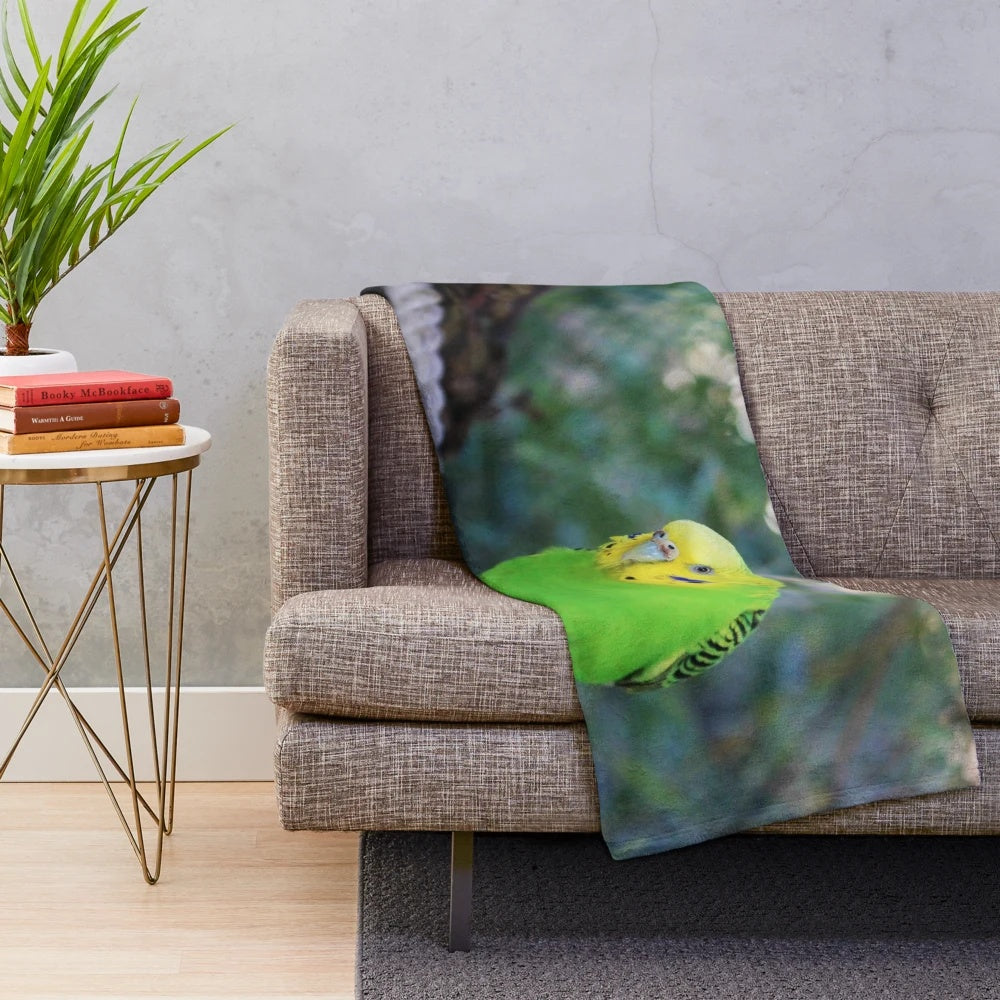 Soft, plush budgie-themed blanket in yellow and green colors