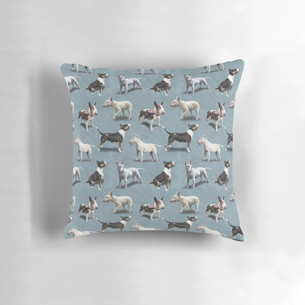 Plush bull terrier-themed throw pillow for dog lovers