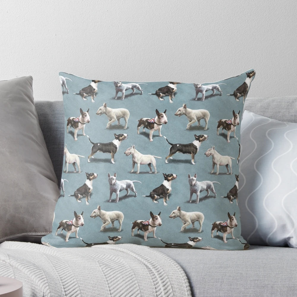 Plush bull terrier-themed throw pillow for dog lovers