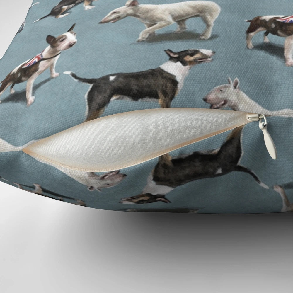 Plush bull terrier-themed throw pillow for dog lovers