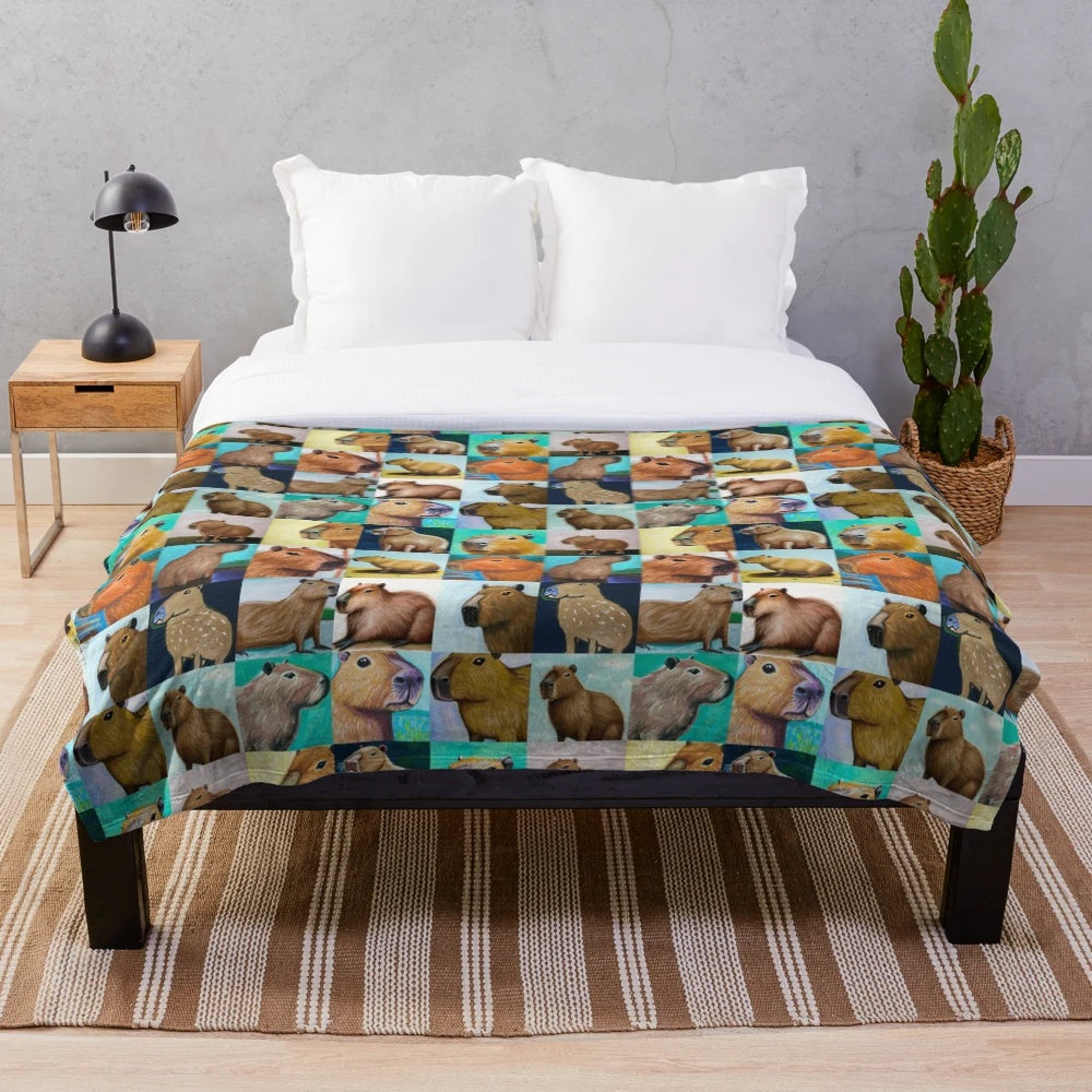 Capybara-patterned plush blanket with a tiled, repeating design