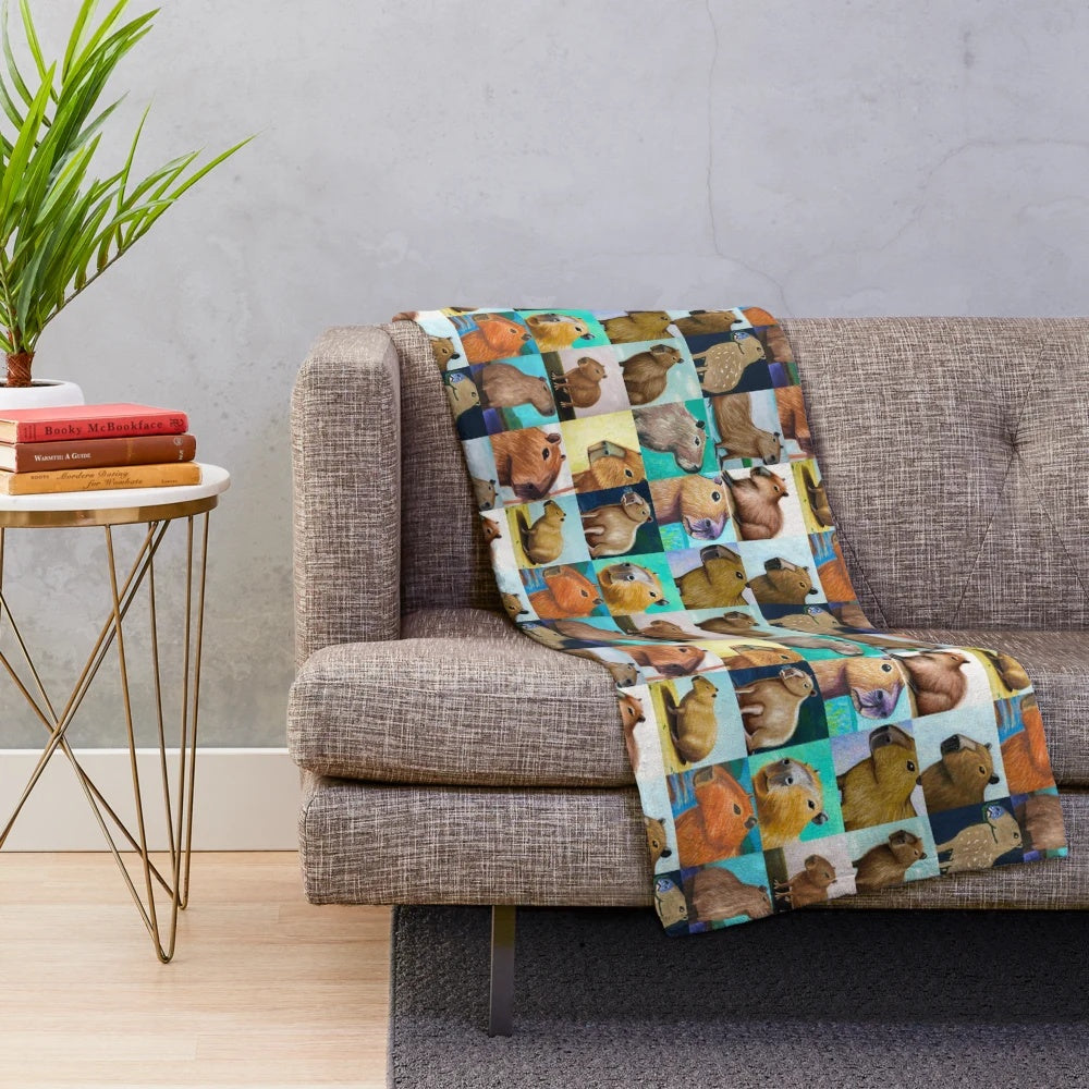 Capybara-patterned plush blanket with a tiled, repeating design