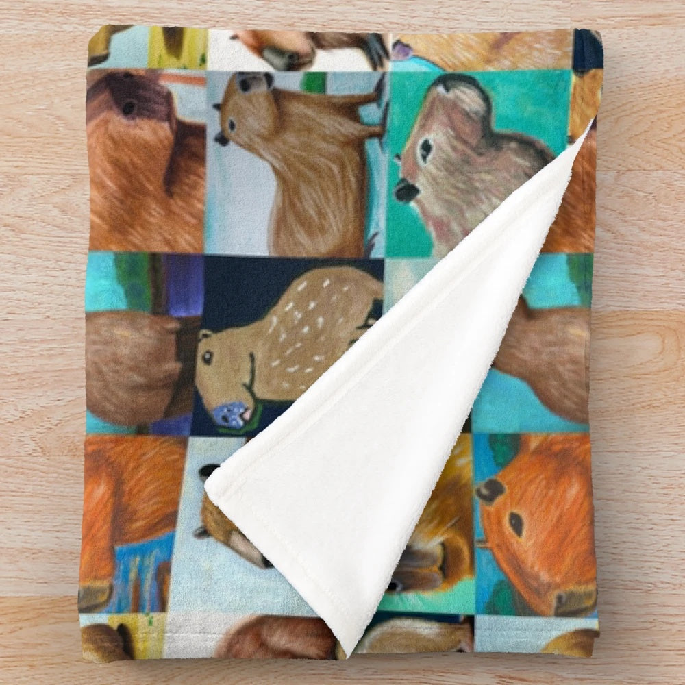 Capybara-patterned plush blanket with a tiled, repeating design