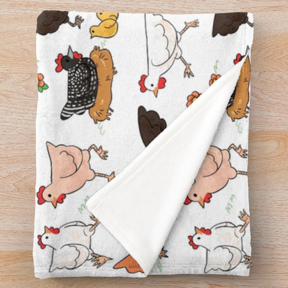 Soft, plush blanket featuring a colorful chicken pattern for a cozy and charming home.