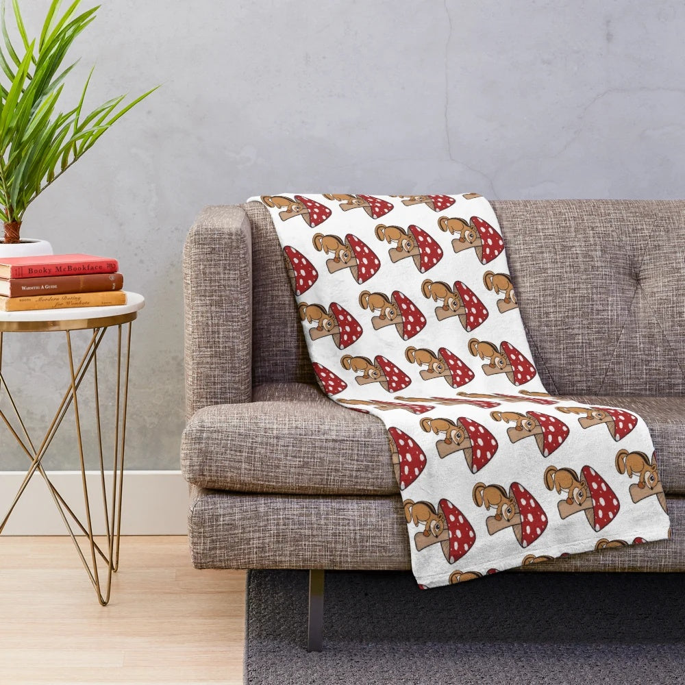 Soft and snuggly chipmunk plush blanket with forest and mushroom design