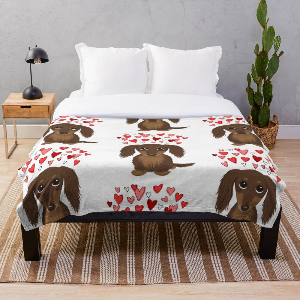 Cozy chocolate dachshund plush blanket with hearts for Valentine's Day