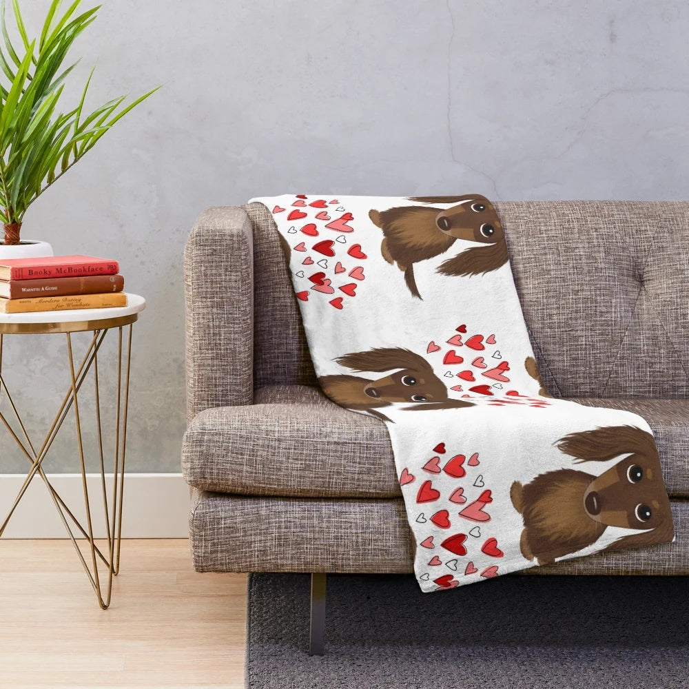 Cozy chocolate dachshund plush blanket with hearts for Valentine's Day