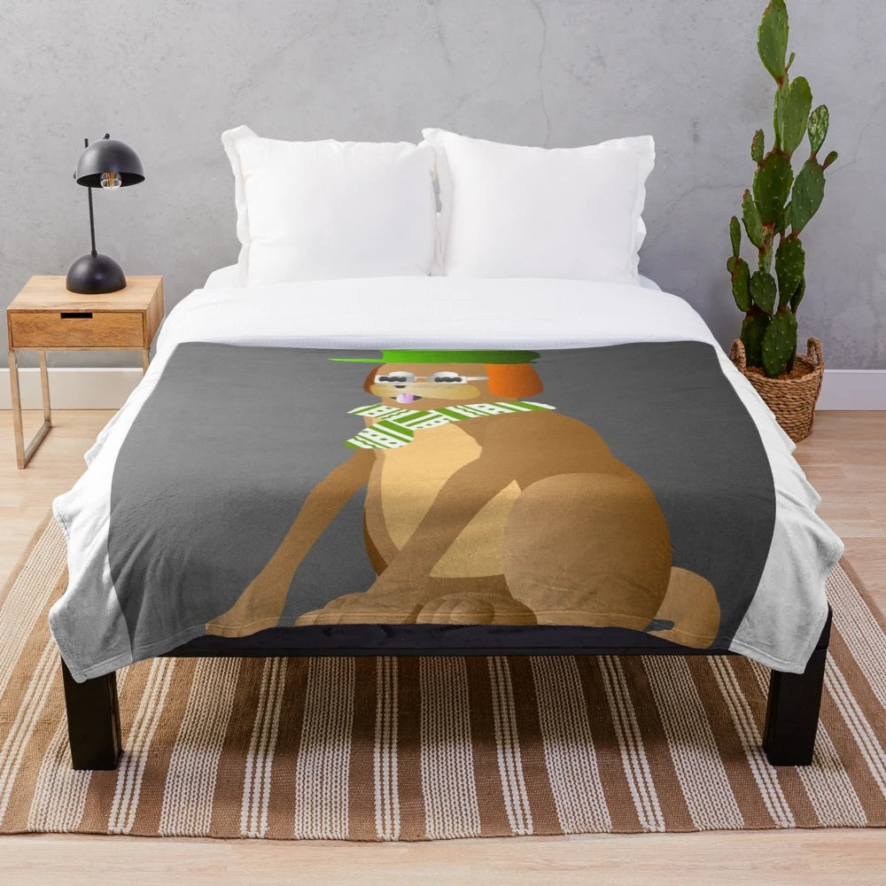 Soft and Cozy Plush Blanket with Cute Dog Wearing Green Hat