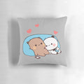 A plush pillow featuring the cartoon characters Dudu Bear and Bubu Panda, snuggling together under red hearts.
