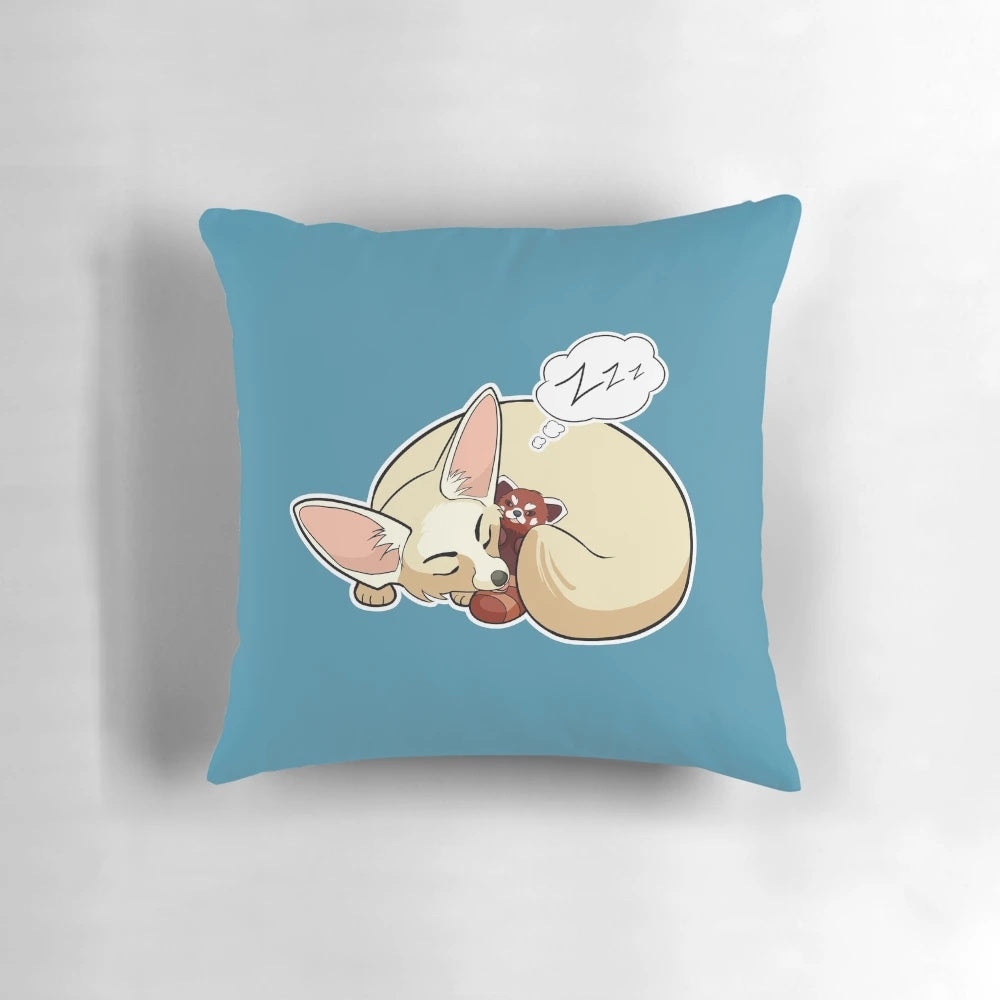 Soft, plush pillow featuring a whimsical cartoon fennec fox and red panda design.