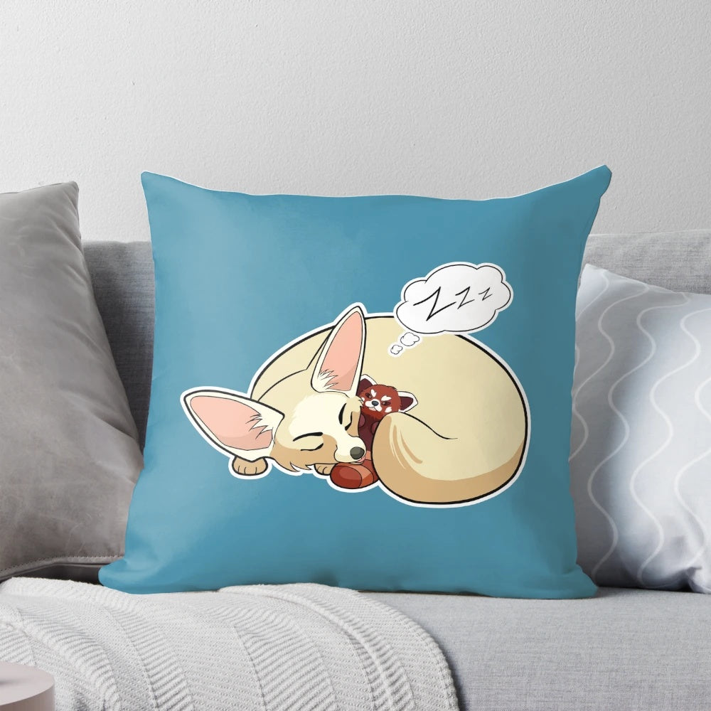 Soft, plush pillow featuring a whimsical cartoon fennec fox and red panda design.