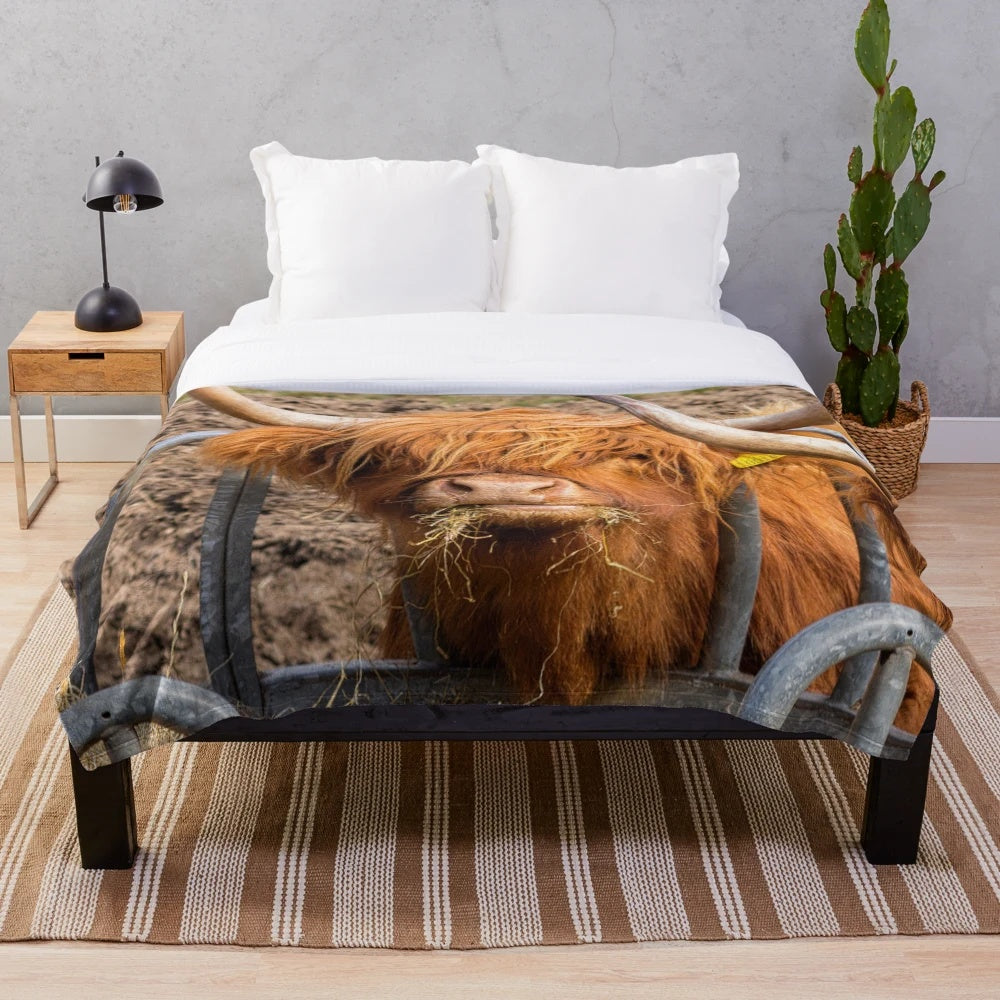 Cozy plush blanket featuring a cute, furry Scottish Highland cow in a ginger color