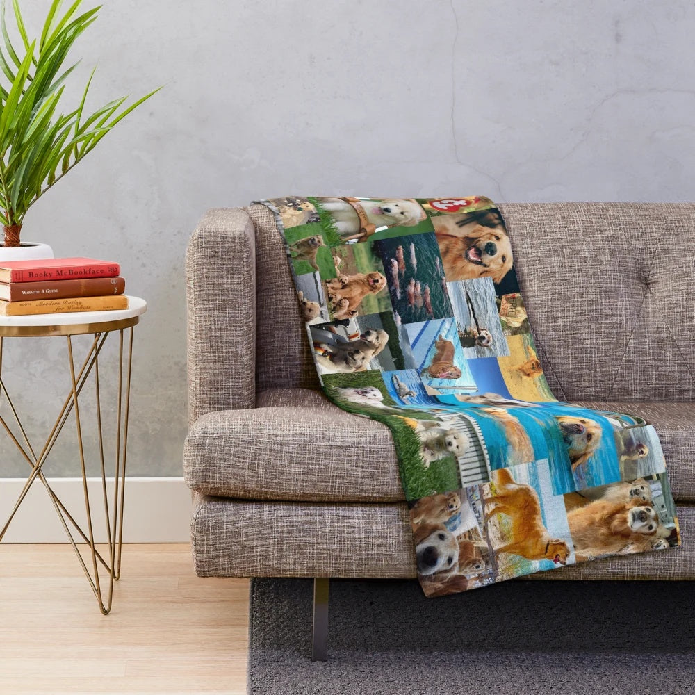 Golden retriever collage plush blanket featuring cream and red retrievers