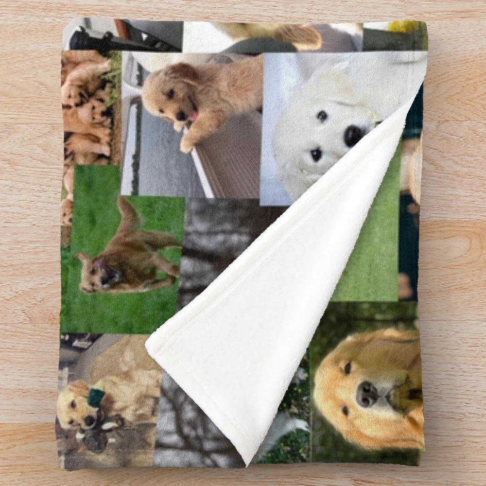 Golden retriever collage plush blanket featuring cream and red retrievers