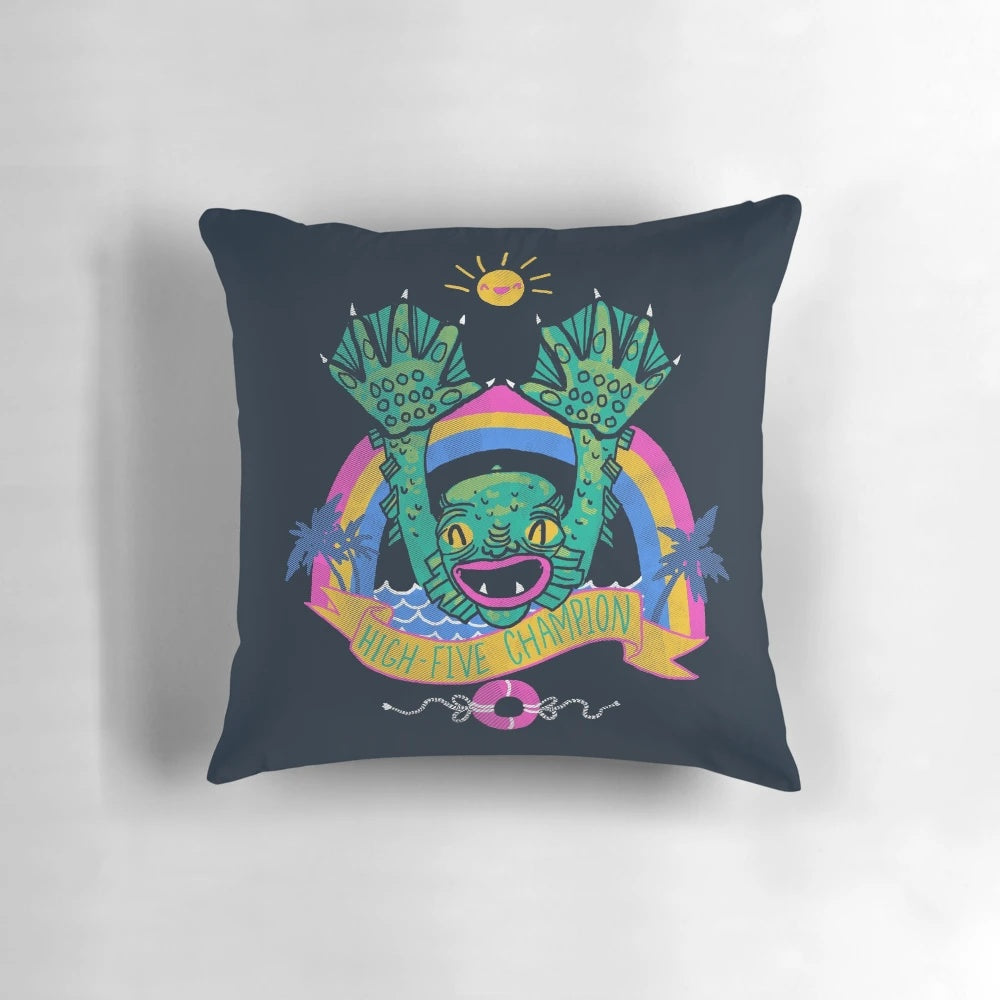 Colorful plush monster pillow with open hand gesturing a high-five