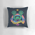 Colorful plush monster pillow with open hand gesturing a high-five