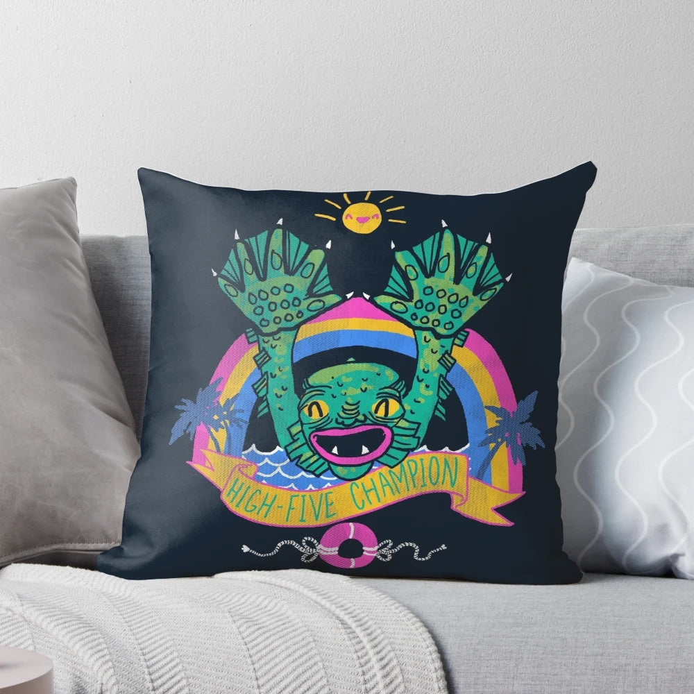 Colorful plush monster pillow with open hand gesturing a high-five
