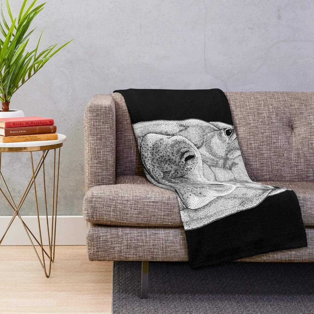 Soft, cuddly hippopotamus plush blanket with a whimsical drawing of a hippo