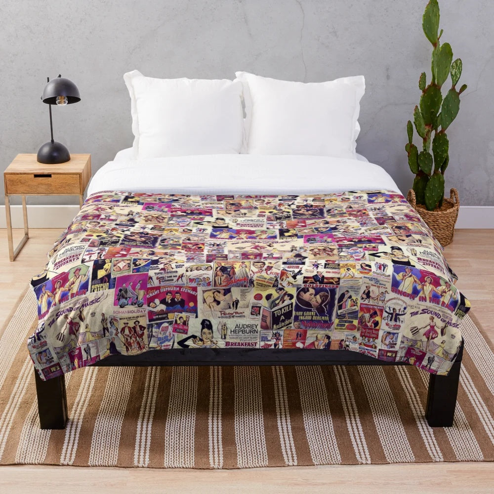 Plush blanket with a collage of classic Hollywood movie scenes