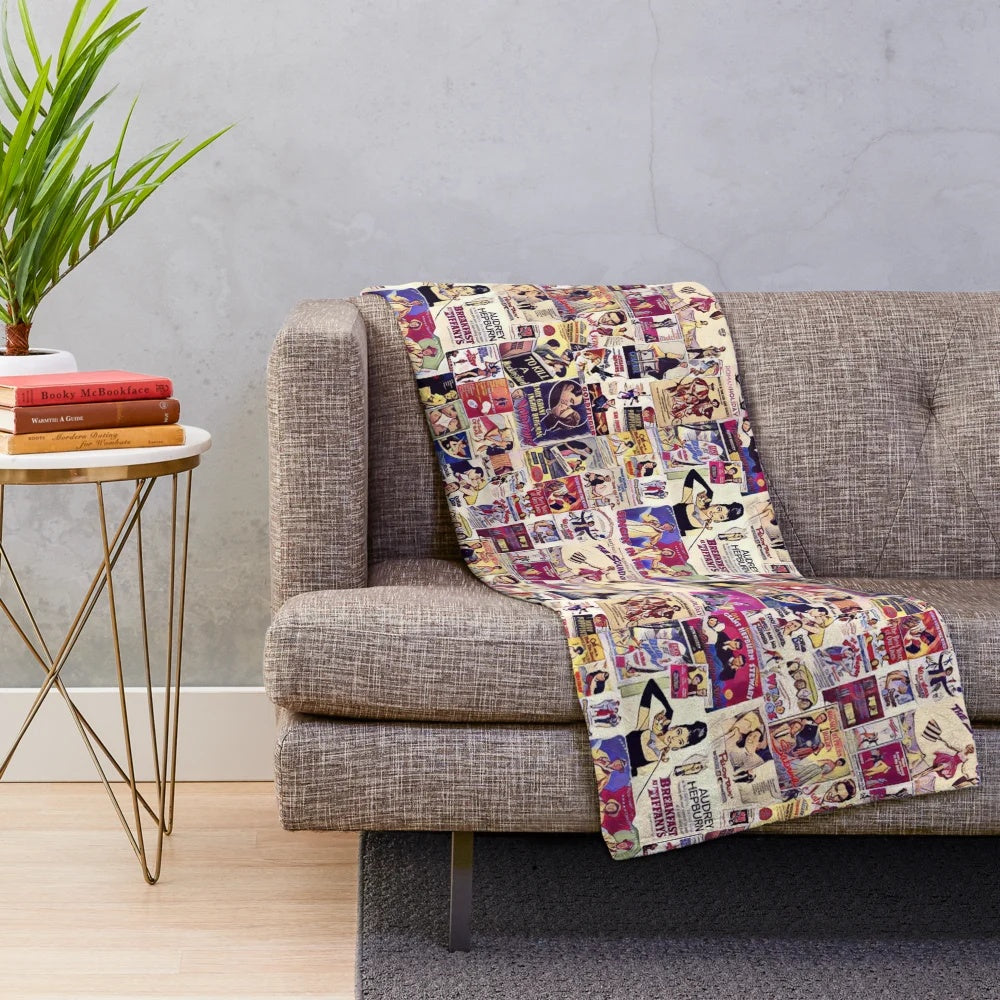 Plush blanket with a collage of classic Hollywood movie scenes