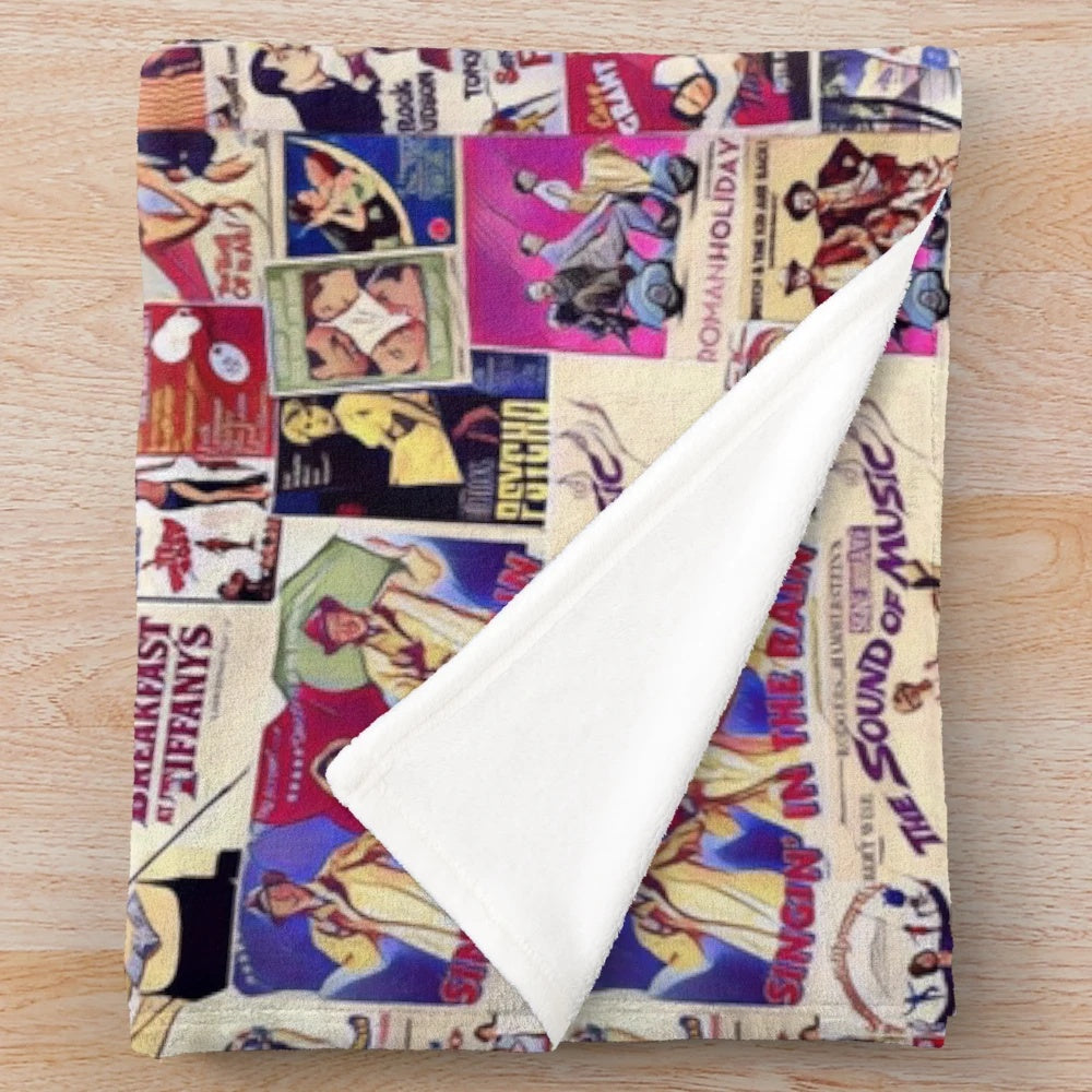 Plush blanket with a collage of classic Hollywood movie scenes