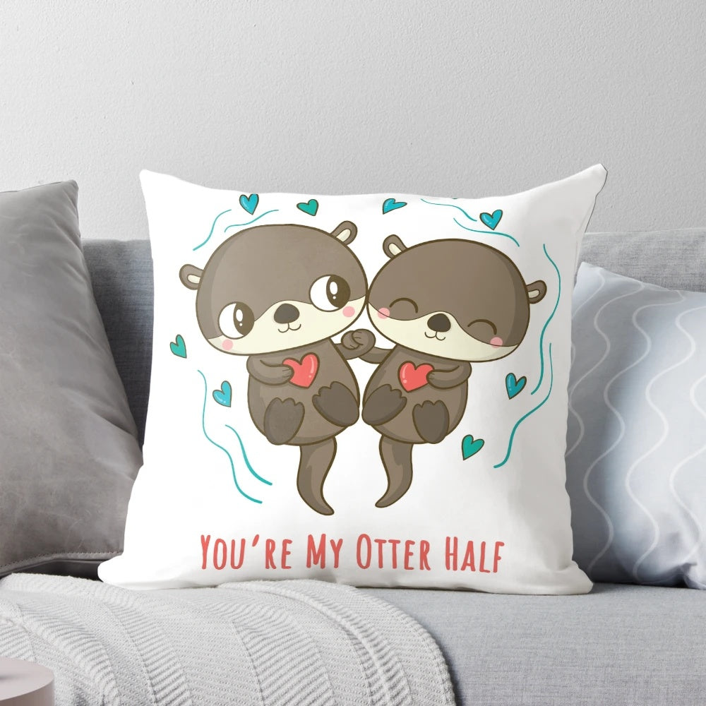 Soft and plush pillow featuring two cute otters holding hands