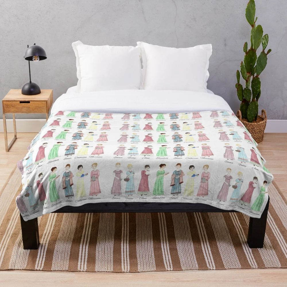 Soft and cozy plush blanket showcasing the iconic characters from Jane Austen's literary masterpieces