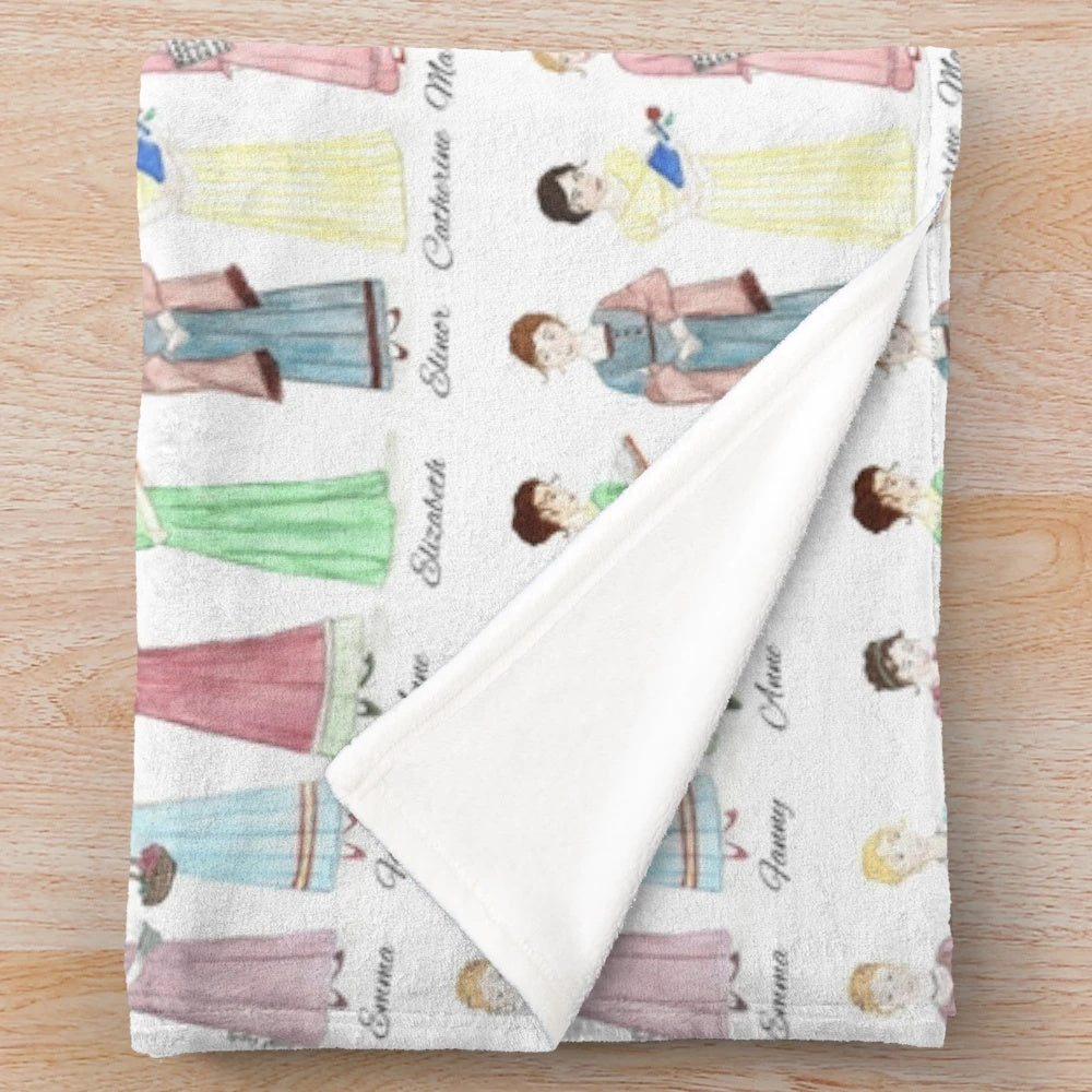 Soft and cozy plush blanket showcasing the iconic characters from Jane Austen's literary masterpieces